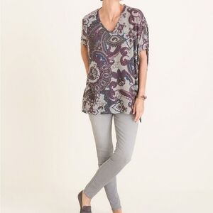 Chico's Paisley V-Neck Women’s Top - Purple and Gray Tunic Top Dolman Sleeve